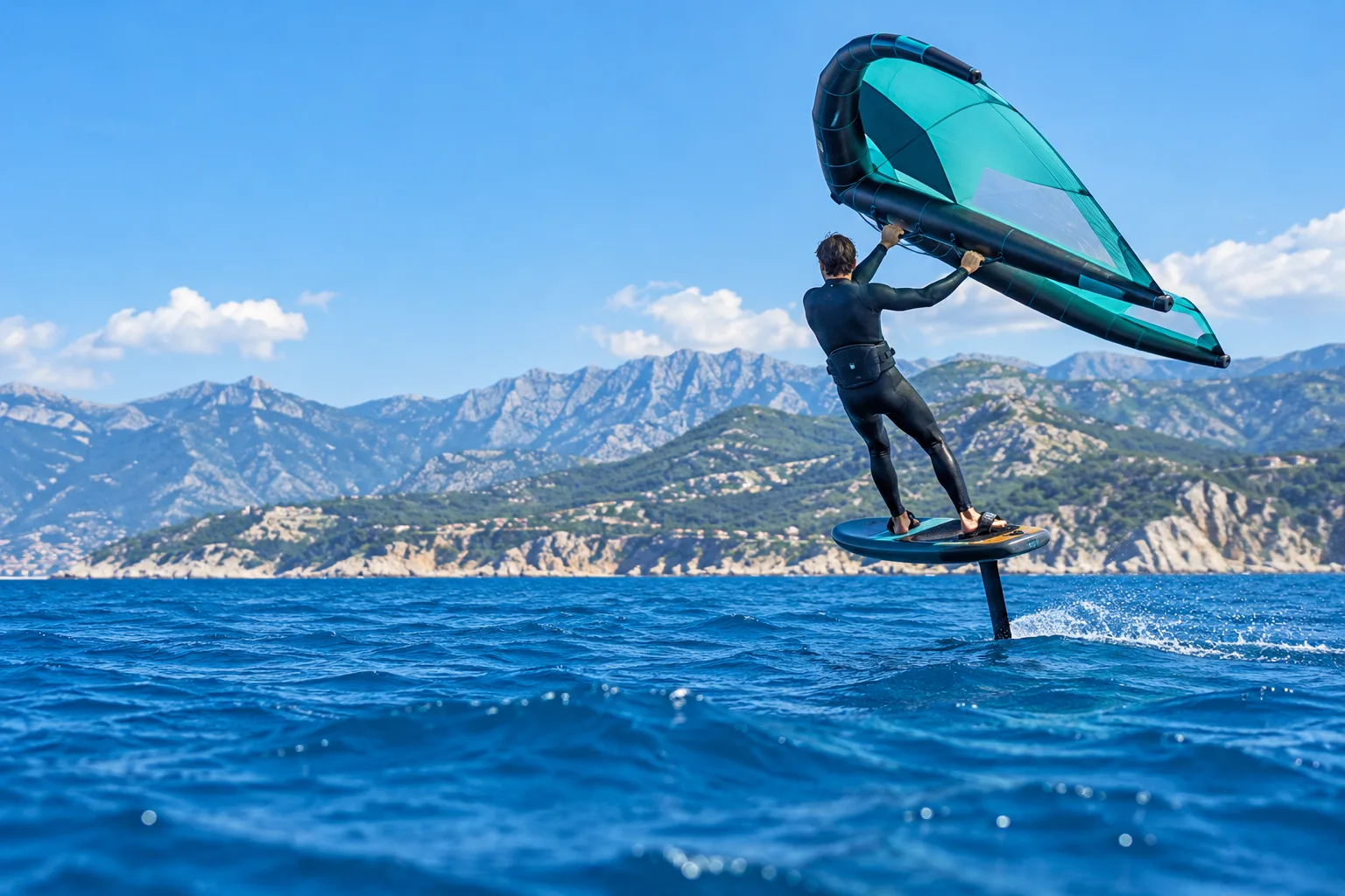 Wingfoil rider with a teal wing over blue water